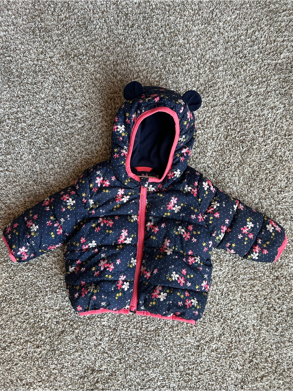 GAP Navy Floral Puffer Jacket with Pink Trim and Hood, 6-12 months